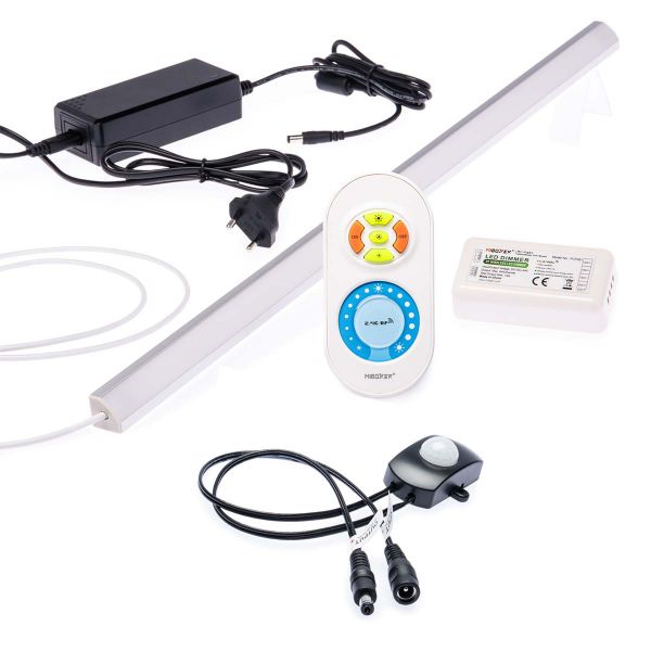 24V LED Eckleisten Set mit Fernbedienung, Netzteil und Bewegungsmelder, 98cm Länge, Lichtfarbe weiß