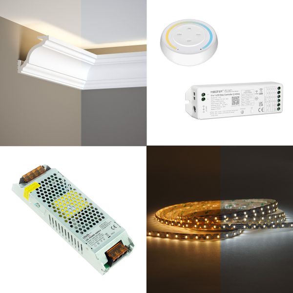 Stuckleisten Set, Gardinenleiste, Stuckprofil mit 48V LED Streifen, Fernbedienung und Netzteil