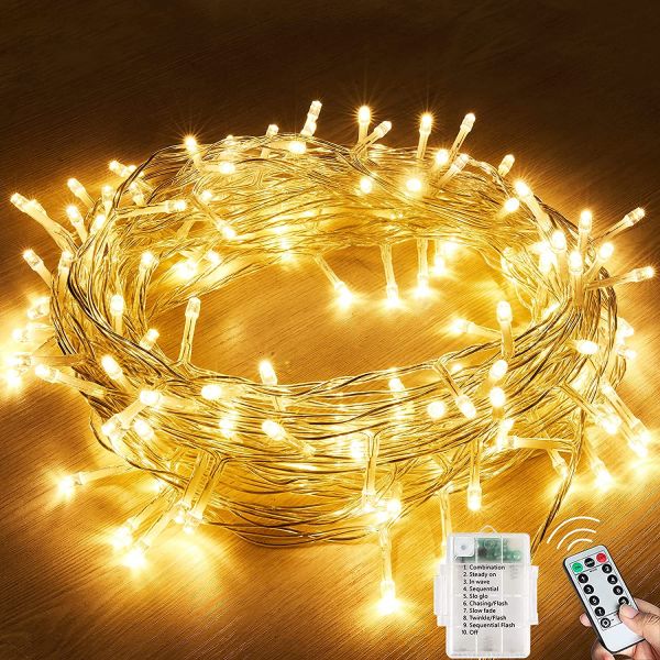 batteriebetriebene LED Lichterkette, 120 LEDs, 12m, 2700K, IP65 innen+außen, Fernbedienung