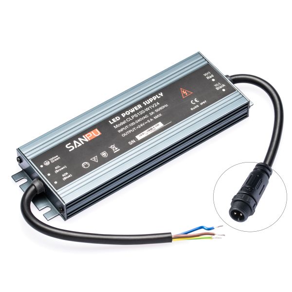 Plug & Play 24V DC – wasserfestes Netzteil stabilisiert – 5A – 120Watt – IP67