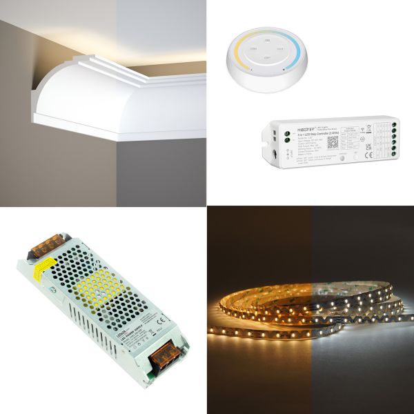 Stuckleisten Set, Deckenleiste indirekt, Stuckprofil mit 48V LED Streifen, Fernbedienung und Netztei