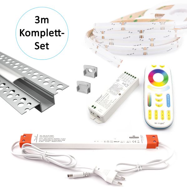 3m Aluminium Unterputz Profil mit 24V COB LED Streifen, Drywall Slim