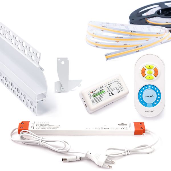 3m Komplett-Set Aluminium Trockenbau Wand Profil mit 24V COB LED Streifen, Drywall Elegance