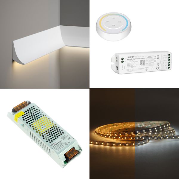 Stuckleisten Set, Wandleiste, Stuckprofil mit 48V LED Streifen, Fernbedienung und Netzteil