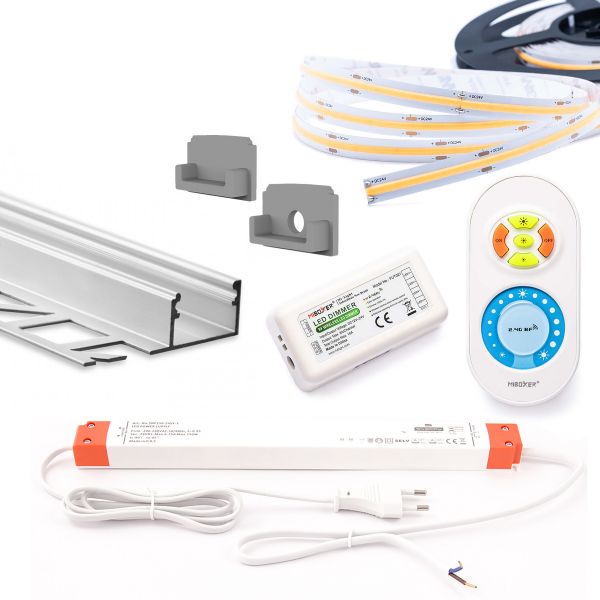 5m Komplett-Set Aluminium Fliesenabschluss Profil mit 24V COB LED Streifen
