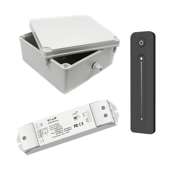 Funk LED Dimmer 12V - 48V - 1 Kanal - mit Fernbedienung inkl. wasserfestem Installationskasten