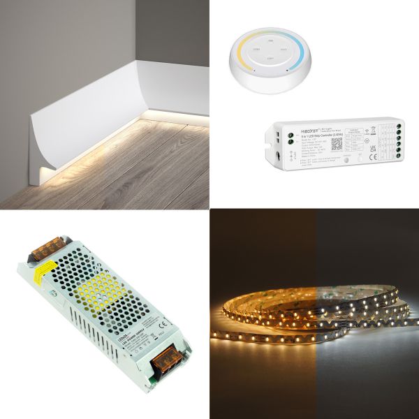 Stuckleisten Set, Sockelleiste indirekt, Stuckprofil mit 48V LED Streifen, Fernbedienung und Netztei
