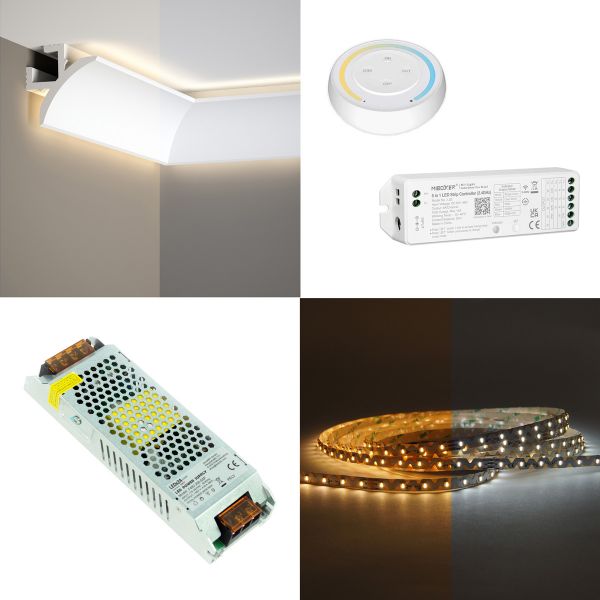 Stuckleisten Set, Deckenleiste, Stuckprofil mit 48V LED Streifen, Fernbedienung und Netzteil